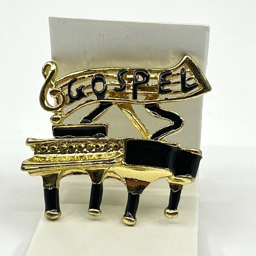 Vintage Gold Tone Gospel Piano Music Brooch Pin Retro Black Enamel Classic